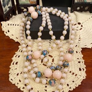 Elegant Pink Lucite and Blue Wedding Cake Beaded Necklace